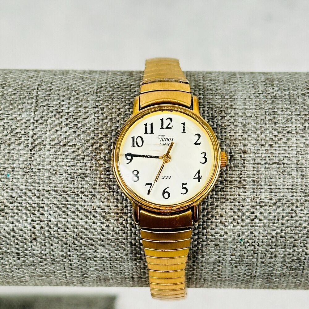 VTG Timex Watch Womens 23mm Gold Tone Expansion White Dial Round New Battery